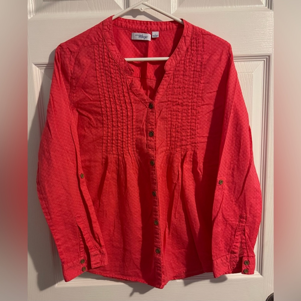 Great NW Indigo Coral Textured Button Down Top sz Large Lightweight